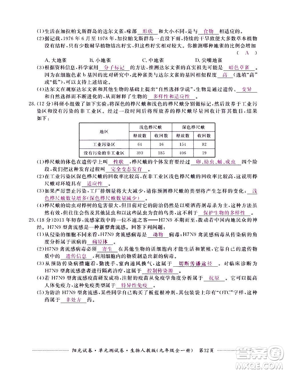 江西高校出版社2020陽光試卷單元測試卷生物九年級全一冊人教版答案