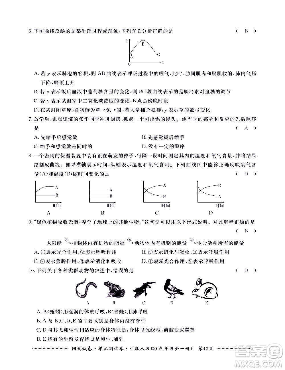 江西高校出版社2020陽光試卷單元測試卷生物九年級全一冊人教版答案