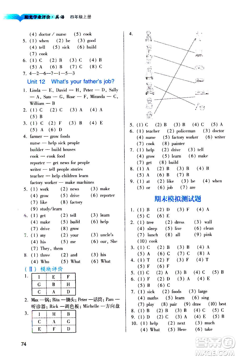 廣州出版社2020陽(yáng)光學(xué)業(yè)評(píng)價(jià)英語(yǔ)四年級(jí)上冊(cè)教科版答案