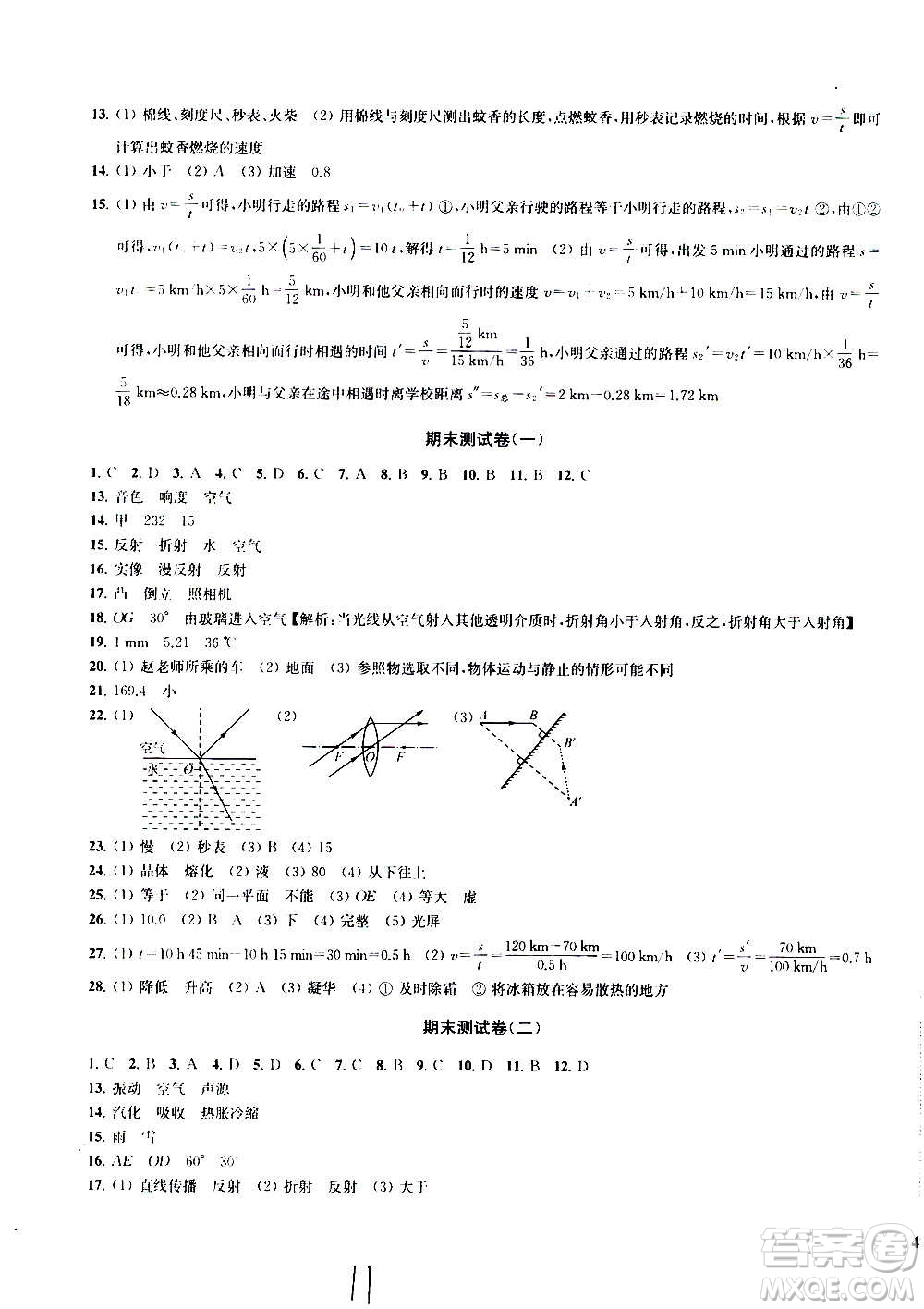  2020版金鑰匙沖刺名校大試卷八年級上冊物理國標(biāo)江蘇版答案