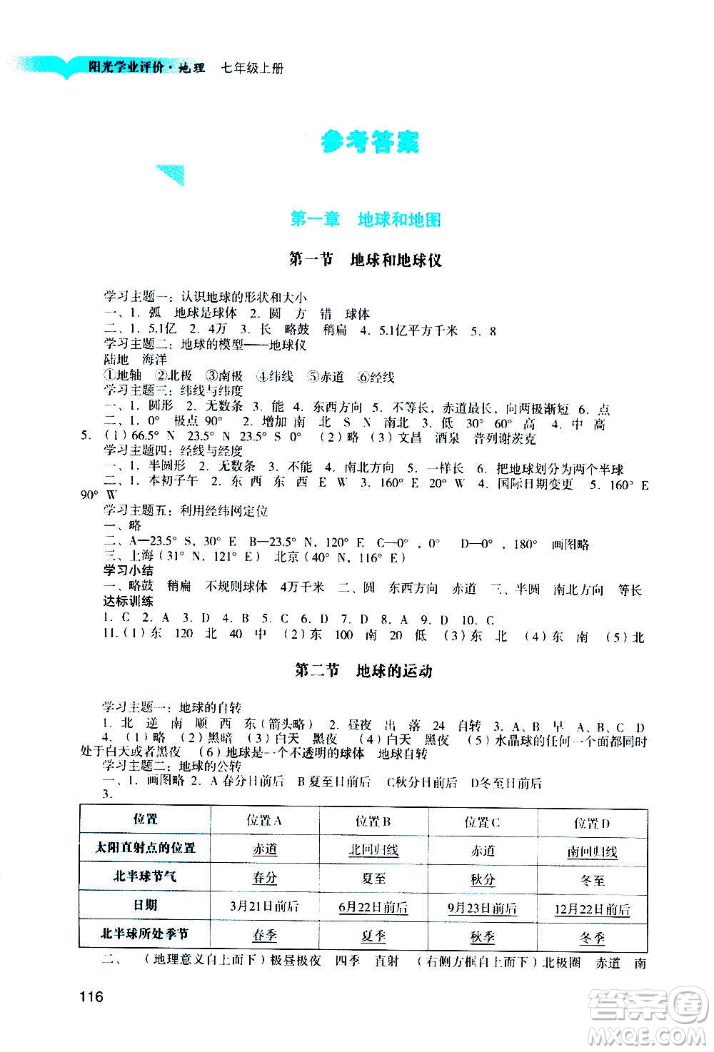 廣州出版社2020陽光學(xué)業(yè)評(píng)價(jià)地理七年級(jí)上冊(cè)人教版答案