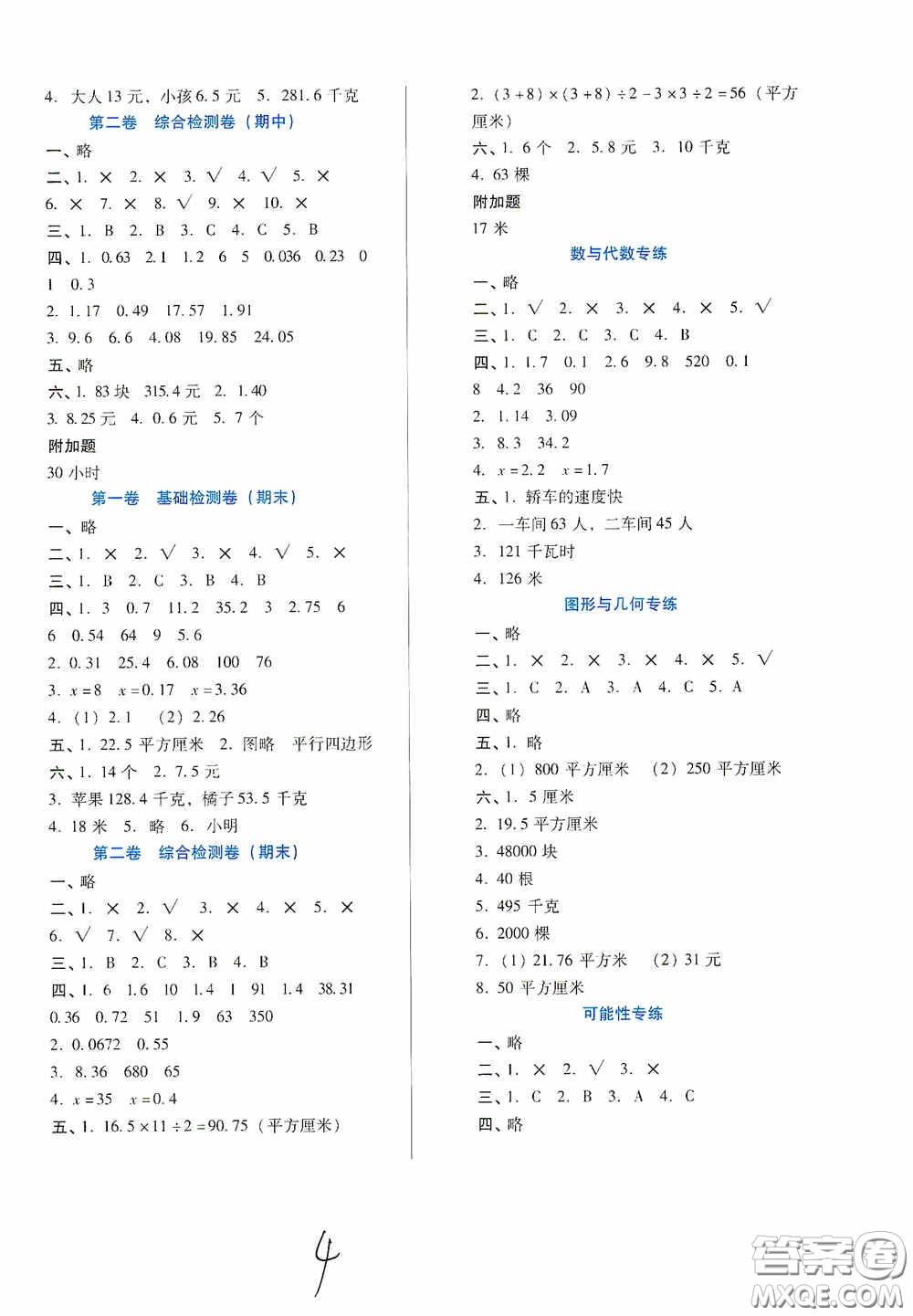 河北少年兒童出版社2020單元檢測卷五年級數(shù)學上冊人教版答案