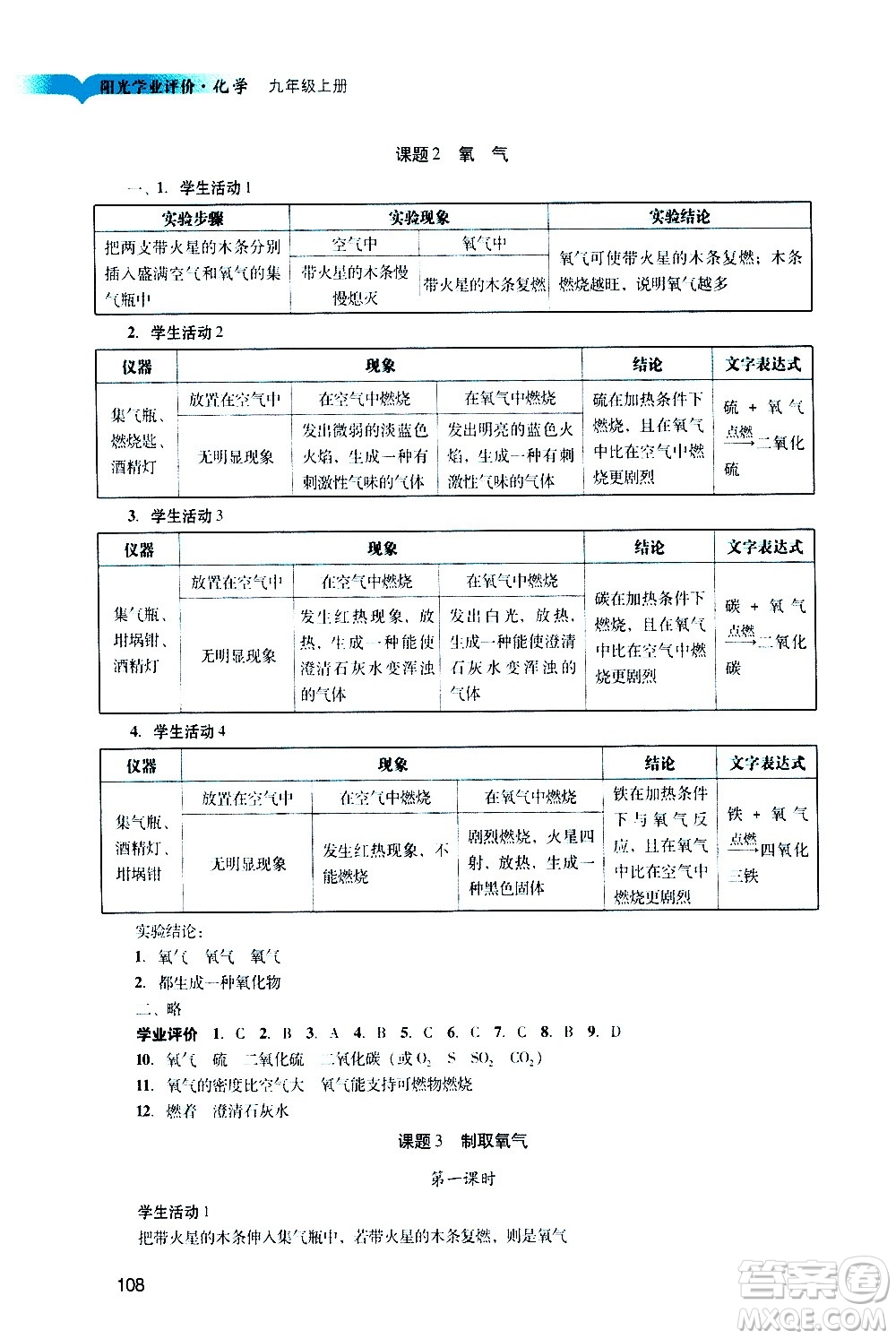 廣州出版社2020陽(yáng)光學(xué)業(yè)評(píng)價(jià)化學(xué)九年級(jí)上冊(cè)人教版答案