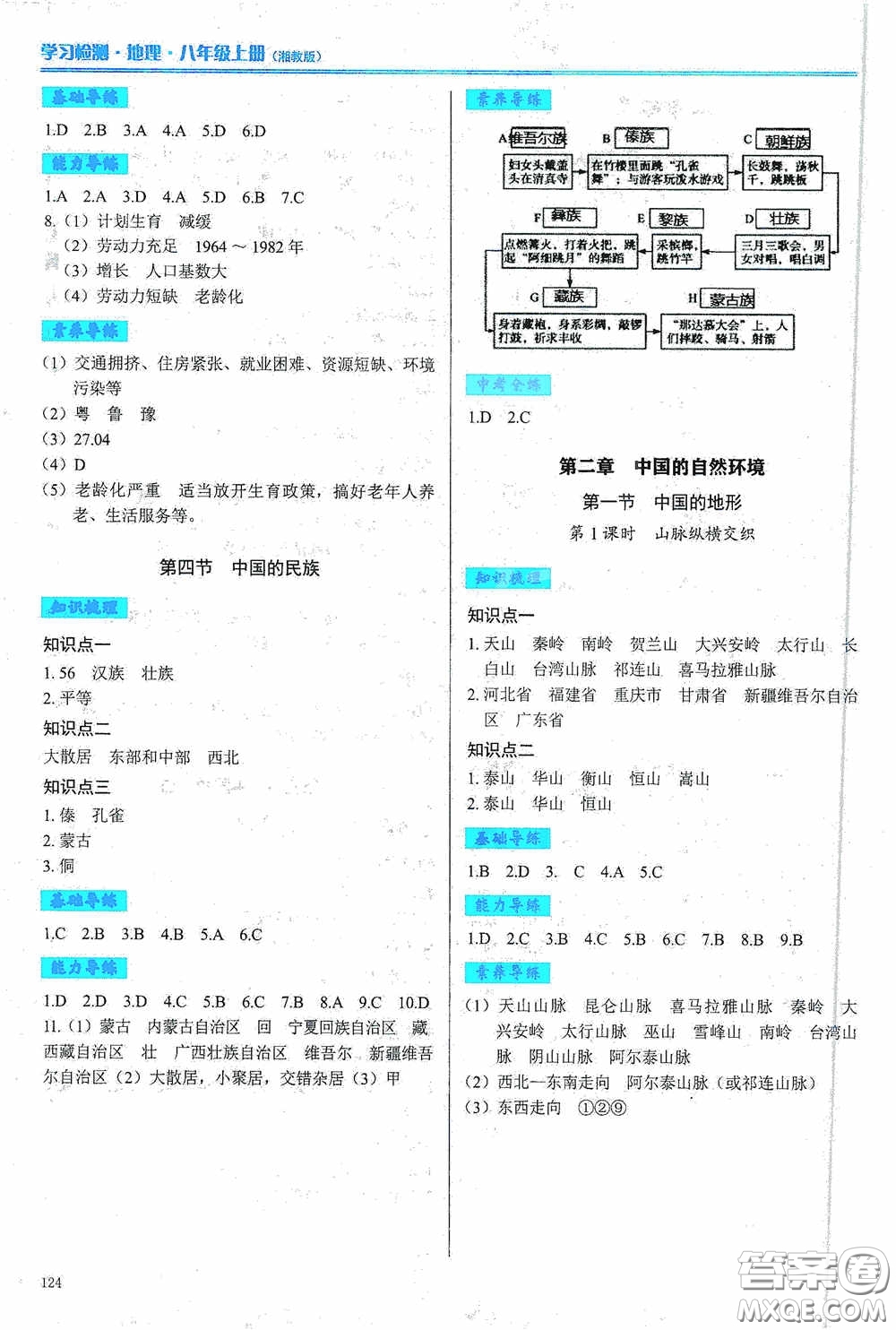 河南大學(xué)出版社2020學(xué)習(xí)檢測(cè)練習(xí)冊(cè)八年級(jí)地理上冊(cè)湘教版答案