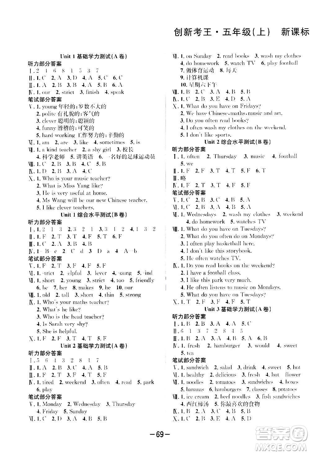 西安出版社2020創(chuàng)新考王英語五年級(jí)上冊(cè)新課標(biāo)PEP人教版答案