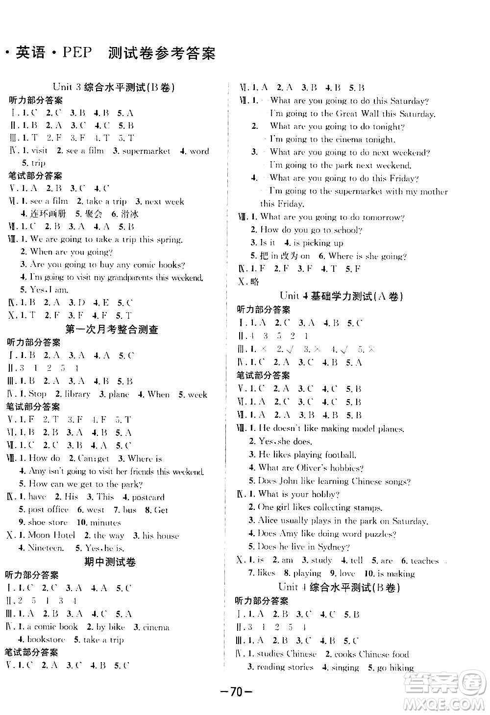 西安出版社2020創(chuàng)新考王英語(yǔ)六年級(jí)上冊(cè)新課標(biāo)PEP人教版答案