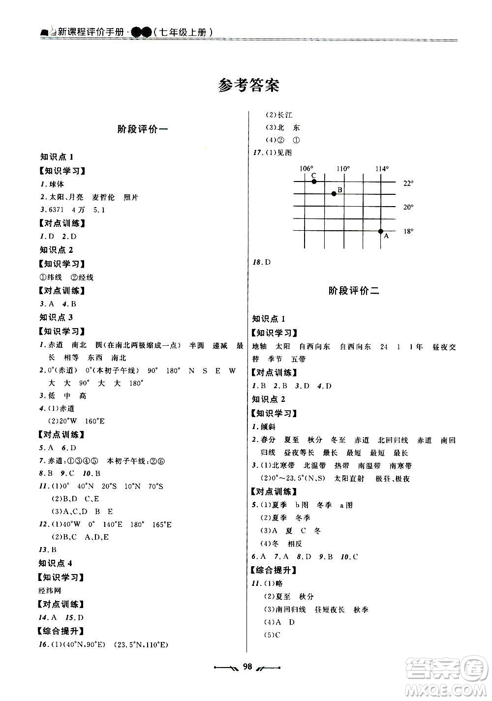 遼寧師范大學(xué)出版社2020新課程評(píng)價(jià)手冊(cè)地理七年級(jí)上冊(cè)人教版答案