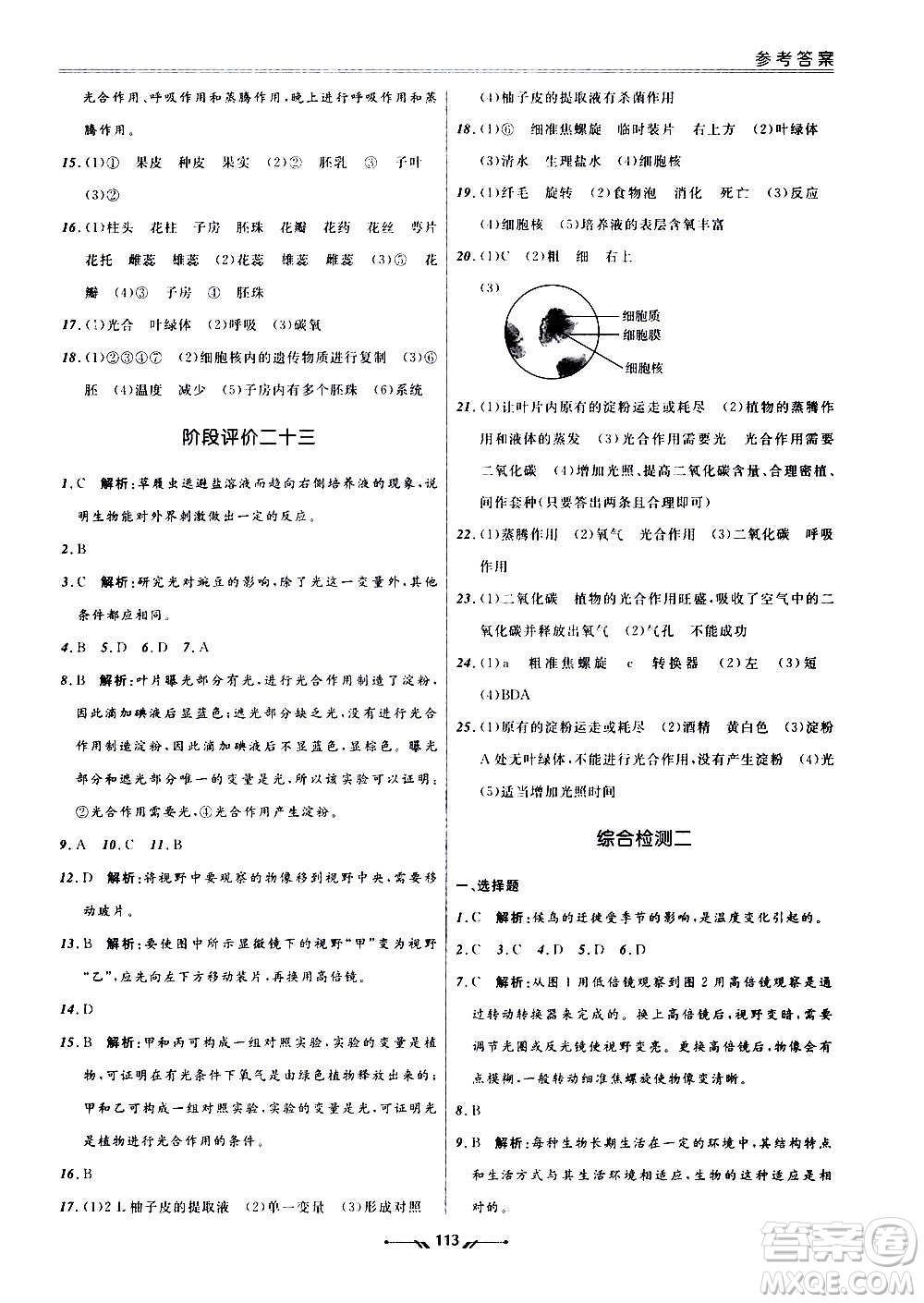 遼寧師范大學(xué)出版社2020新課程評(píng)價(jià)手冊(cè)生物七年級(jí)上冊(cè)人教版答案