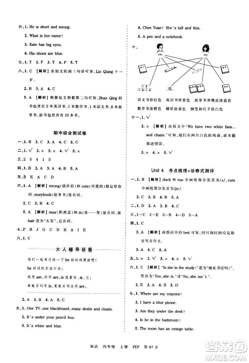 江西人民出版社2020秋王朝霞考點梳理時習(xí)卷英語四年級上冊PEP人教版答案