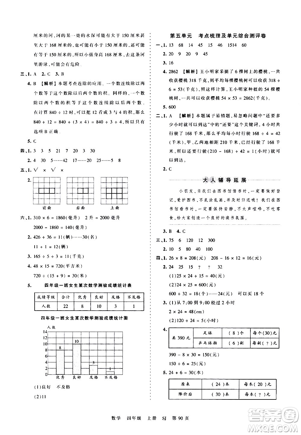 江西人民出版社2020秋王朝霞考點(diǎn)梳理時(shí)習(xí)卷數(shù)學(xué)四年級上冊SJ蘇教版答案