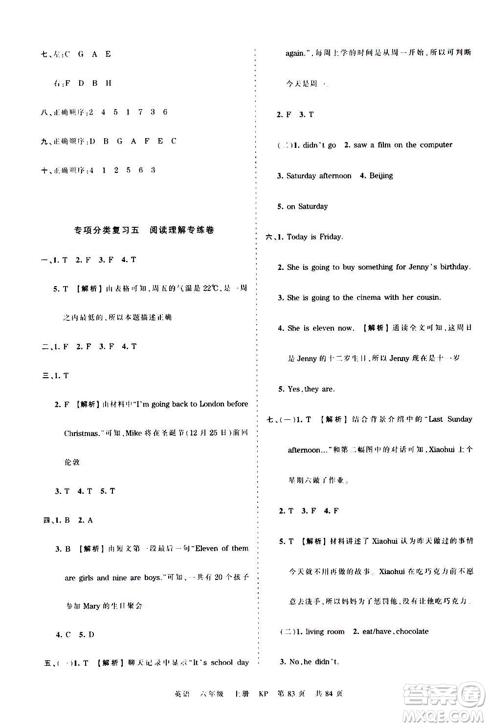 江西人民出版社2020秋王朝霞考點梳理時習卷英語六年級上冊KP科普版答案