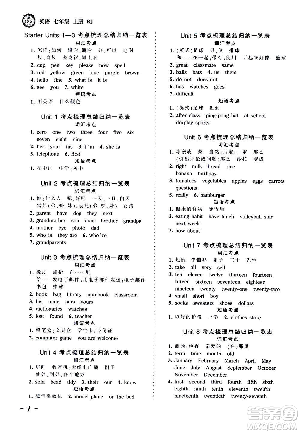 江西人民出版社2020秋王朝霞考點梳理時習卷英語七年級上冊RJ人教版答案