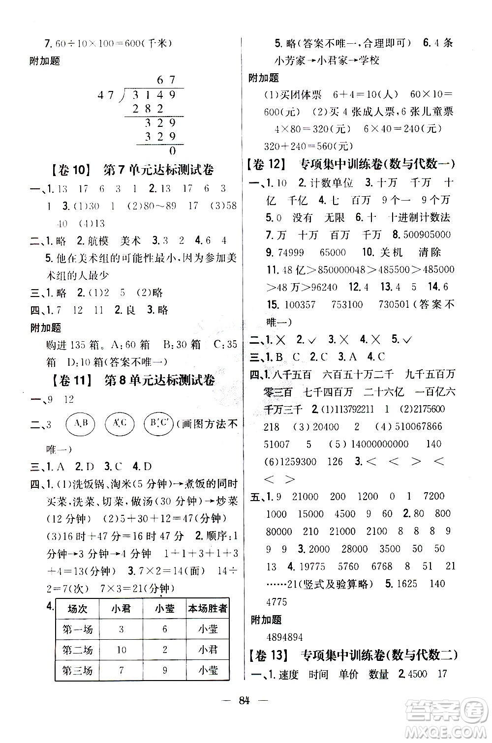 吉林人民出版社2020小學教材完全考卷四年級數(shù)學上冊新課標人教版答案