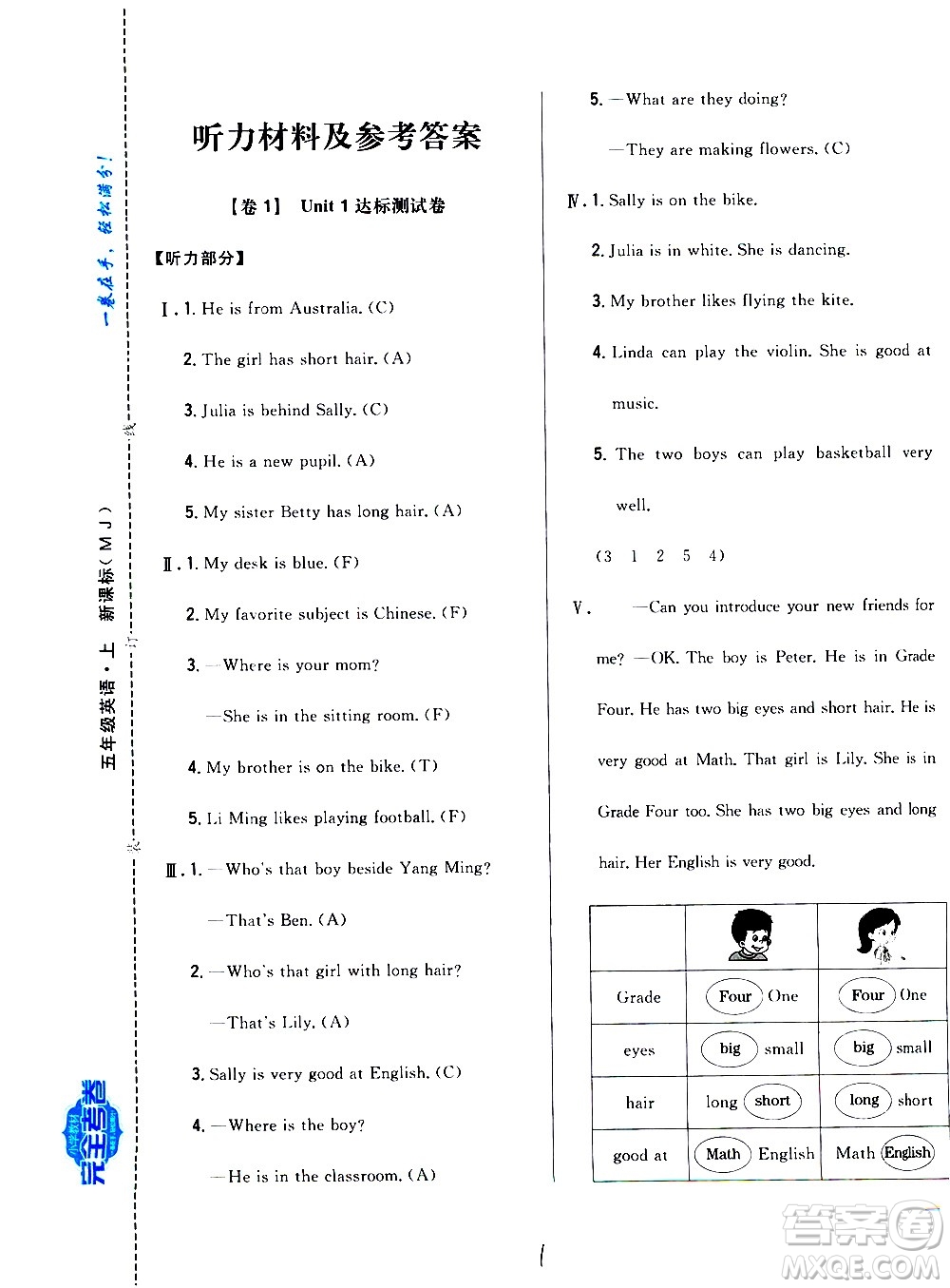 吉林人民出版社2020小學教材完全考卷五年級英語上冊新課標人教版福建專版答案