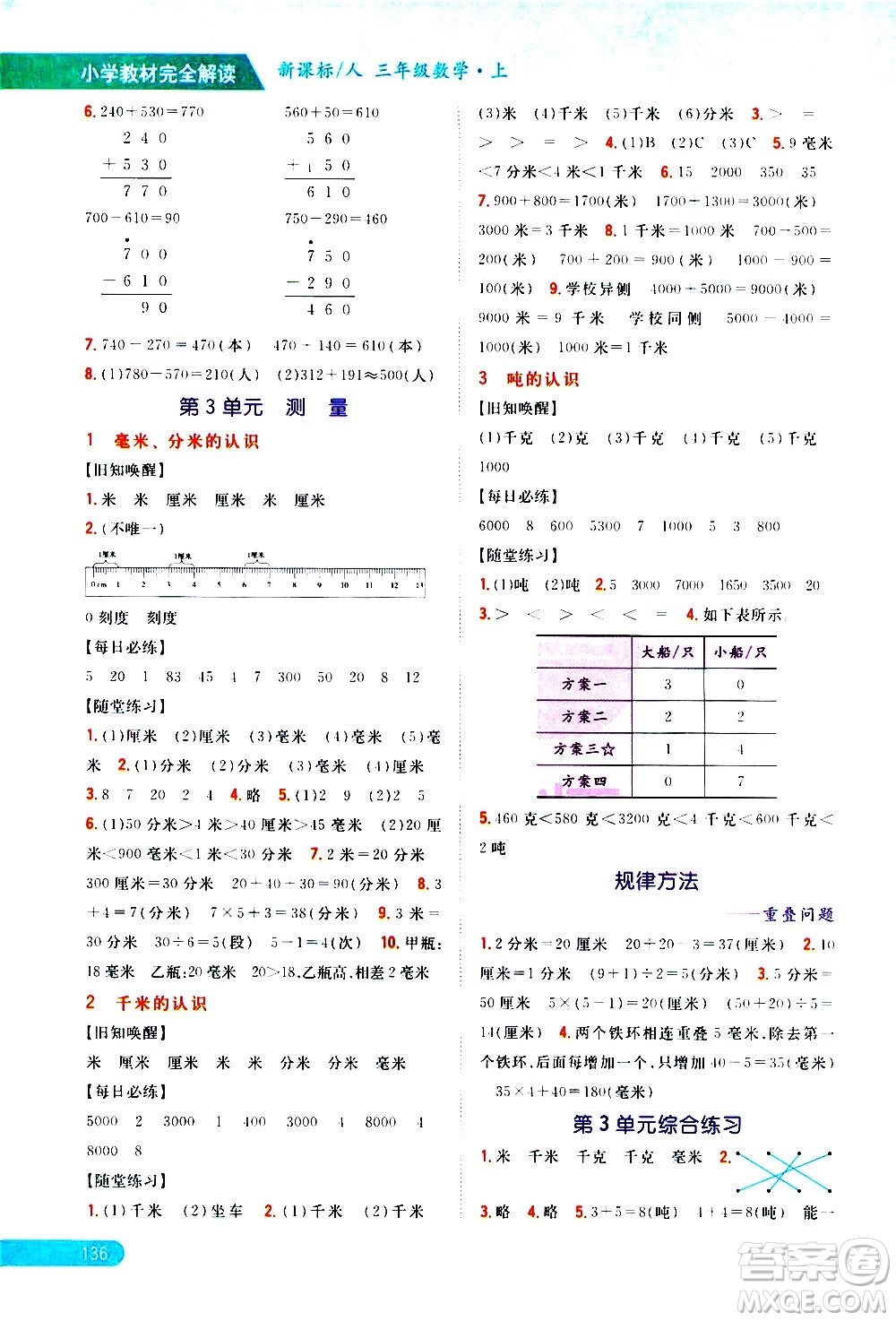 吉林人民出版社2020小學教材完全解讀三年級數(shù)學上冊新課標人教版答案