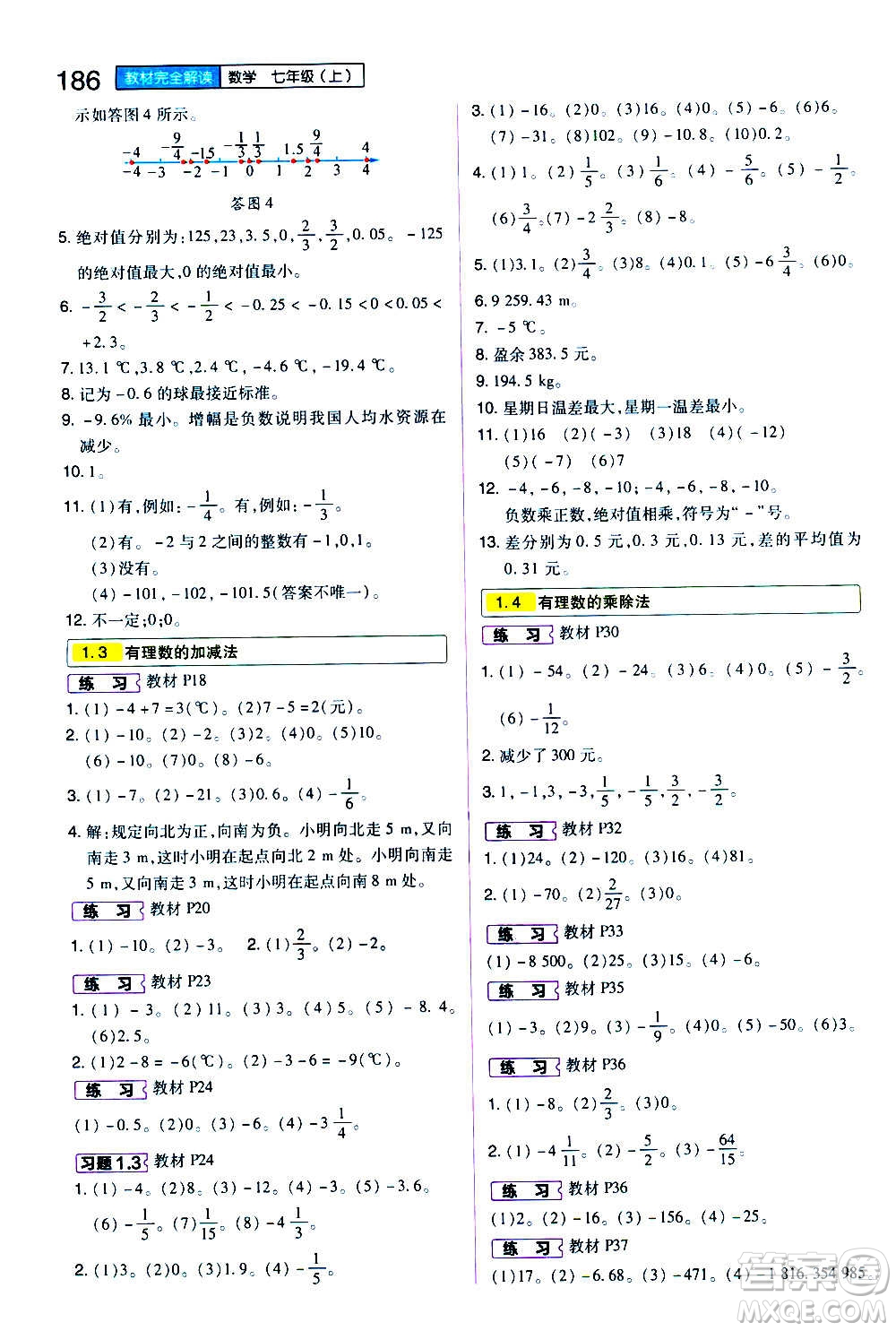 2020秋王后雄初中教材完全解讀七年級上冊數(shù)學(xué)RJSX人教版參考答案