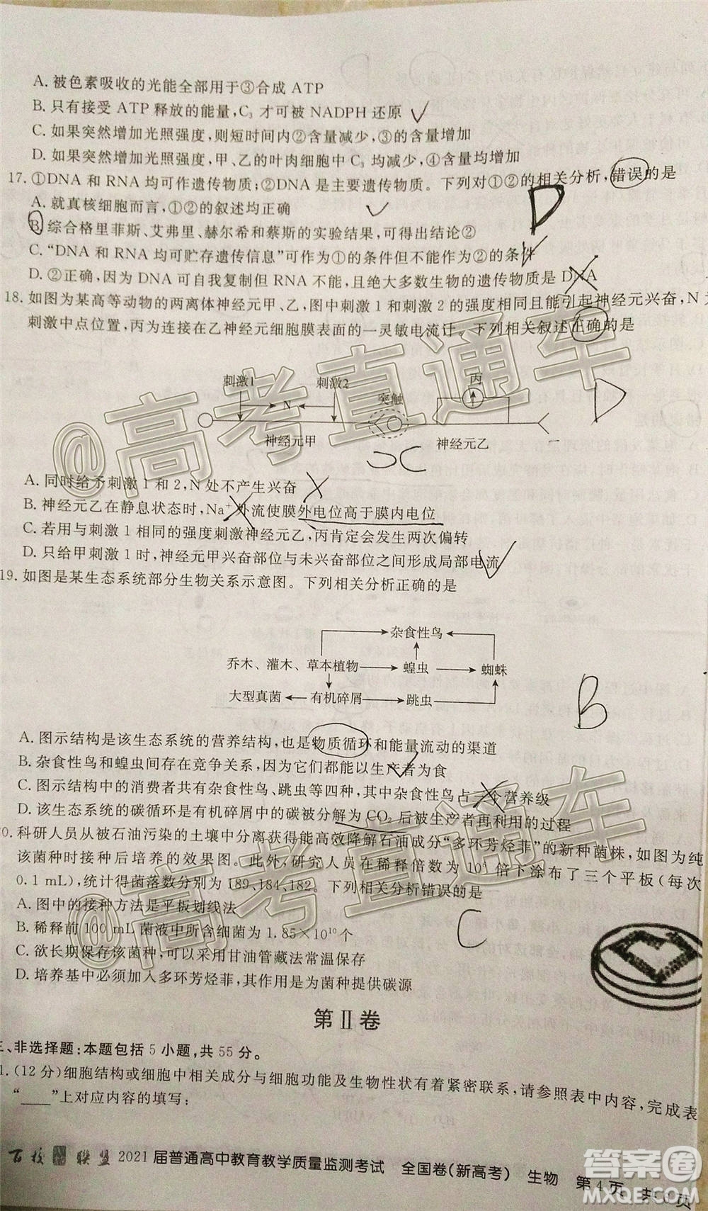 2021屆百校聯(lián)盟12月聯(lián)考全國卷新高考生物試題及答案