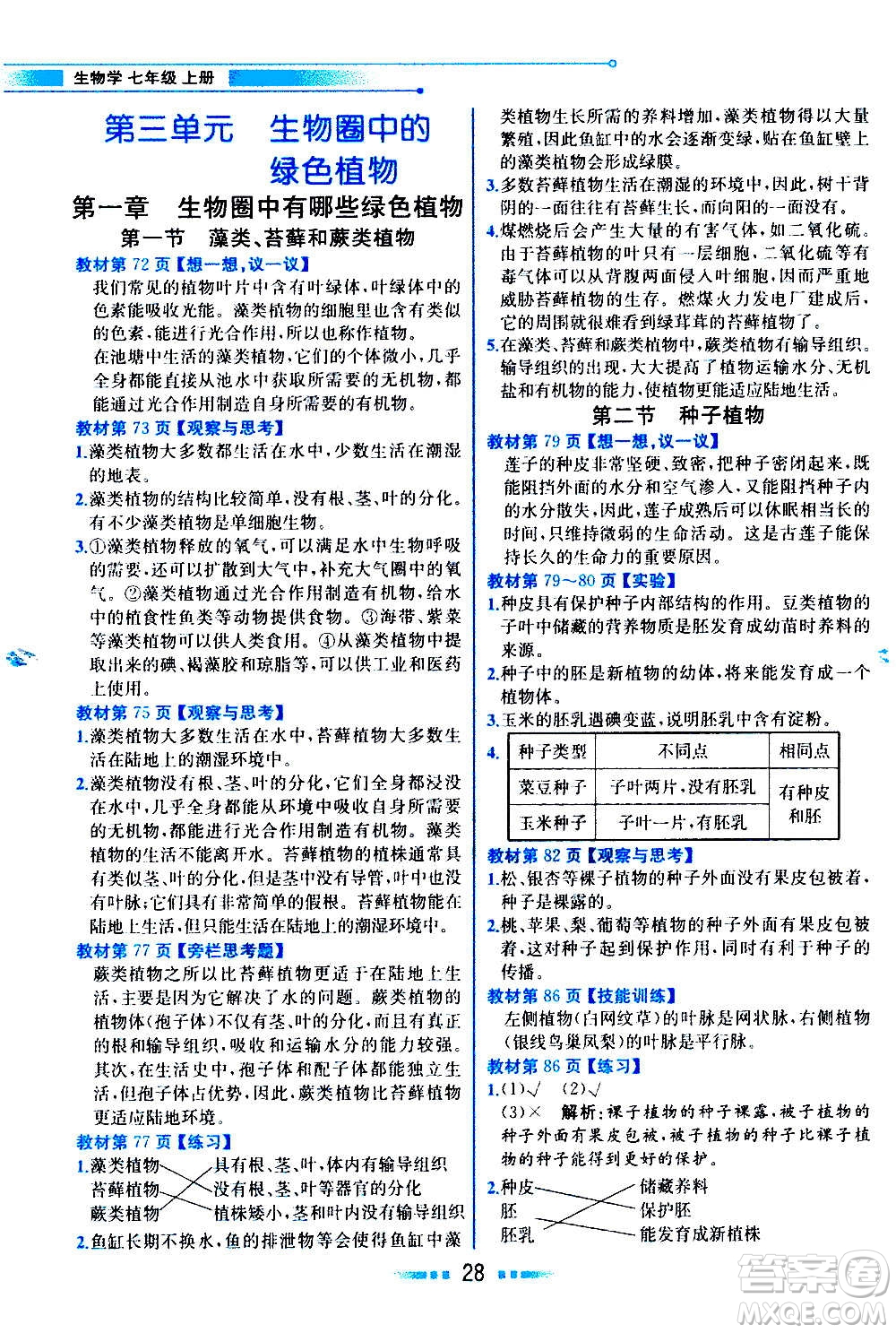 人民教育出版社2020教材解讀生物學(xué)七年級上冊人教版答案