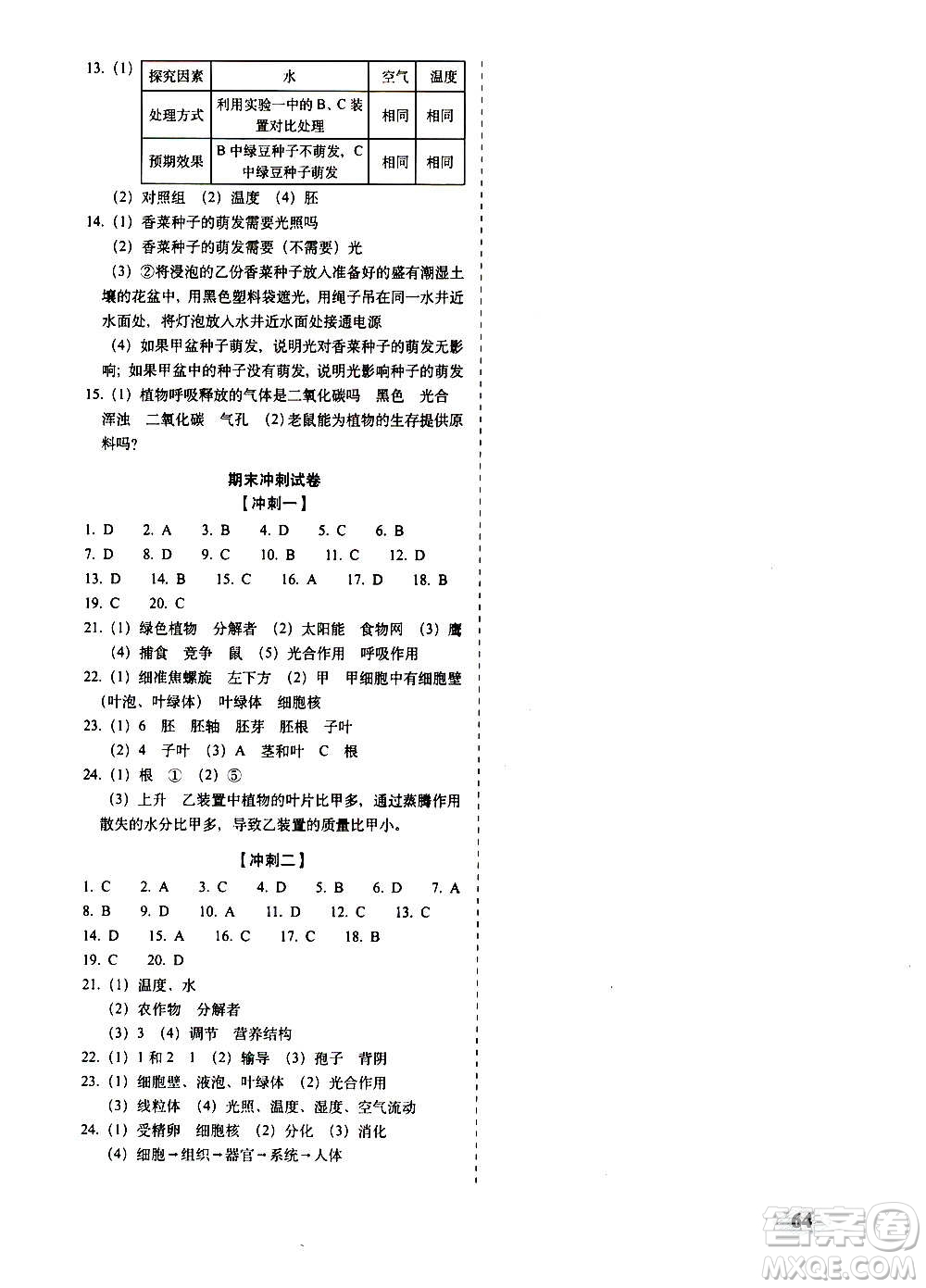 2020秋聚能闖關100分期末復習沖刺卷七年級上冊生物人教版答案