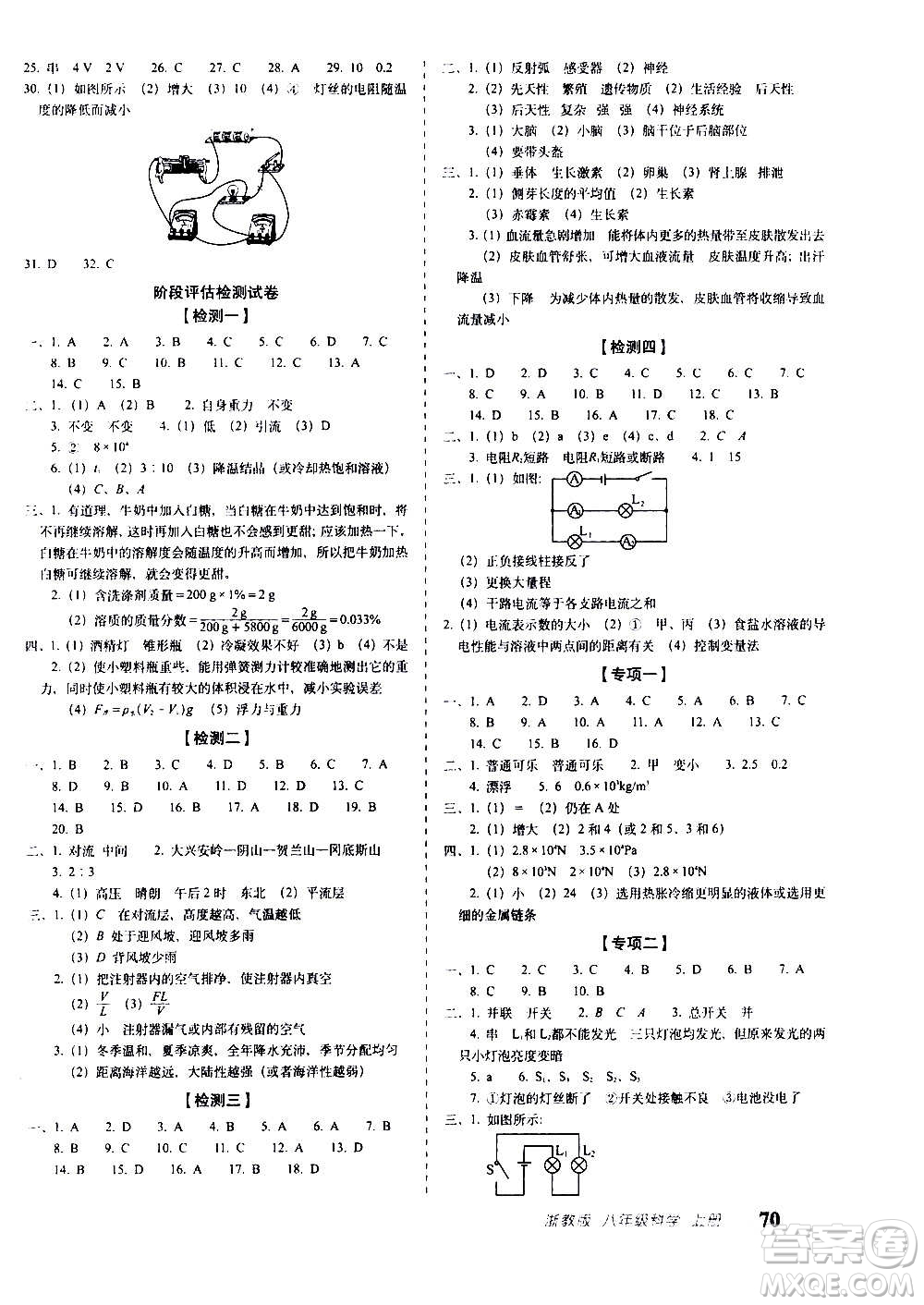 2020秋聚能闖關(guān)100分期末復習沖刺卷八年級上冊科學浙教版答案