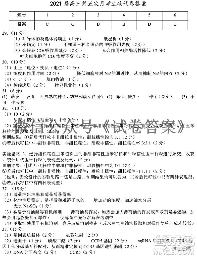 銀川一中2021屆高三年級第五次月考理科綜合試題及答案