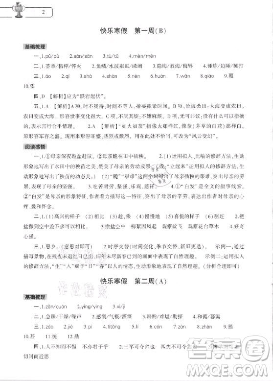 大象出版社2021語(yǔ)文寒假作業(yè)本七年級(jí)人教版河南專版答案