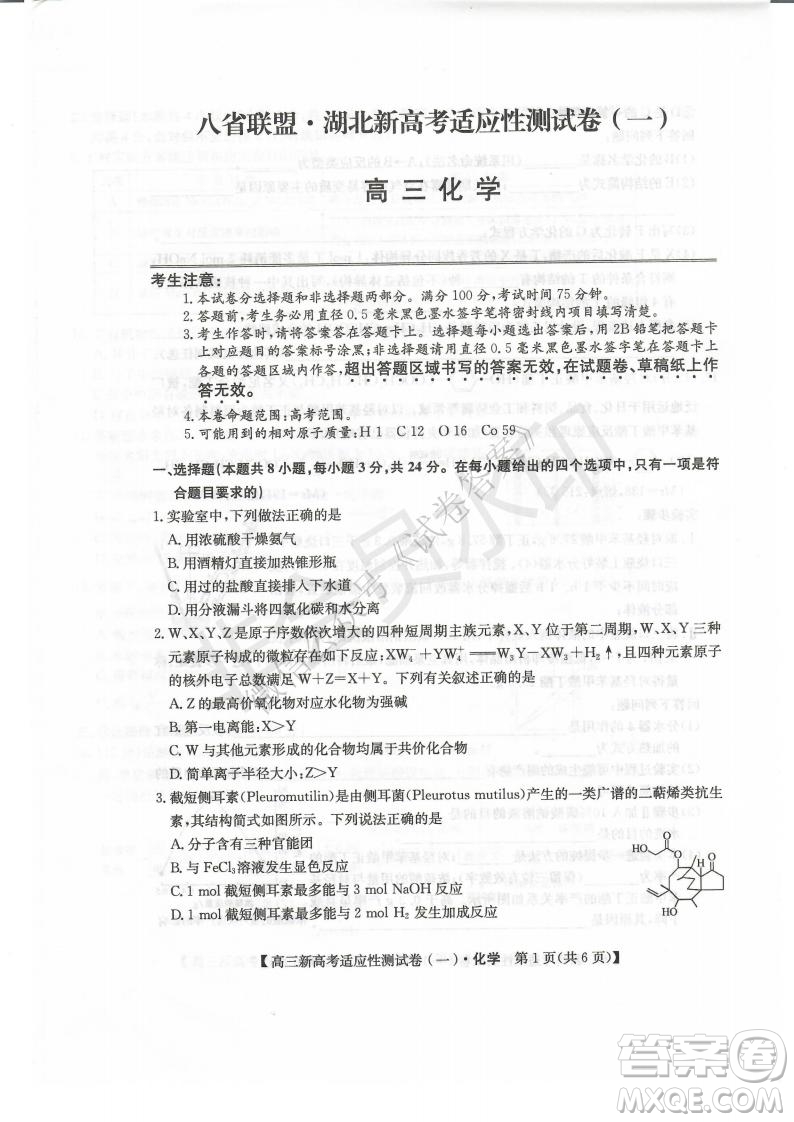 2021屆八省聯(lián)盟湖北新高考適應(yīng)性測(cè)試卷一化學(xué)試題及答案