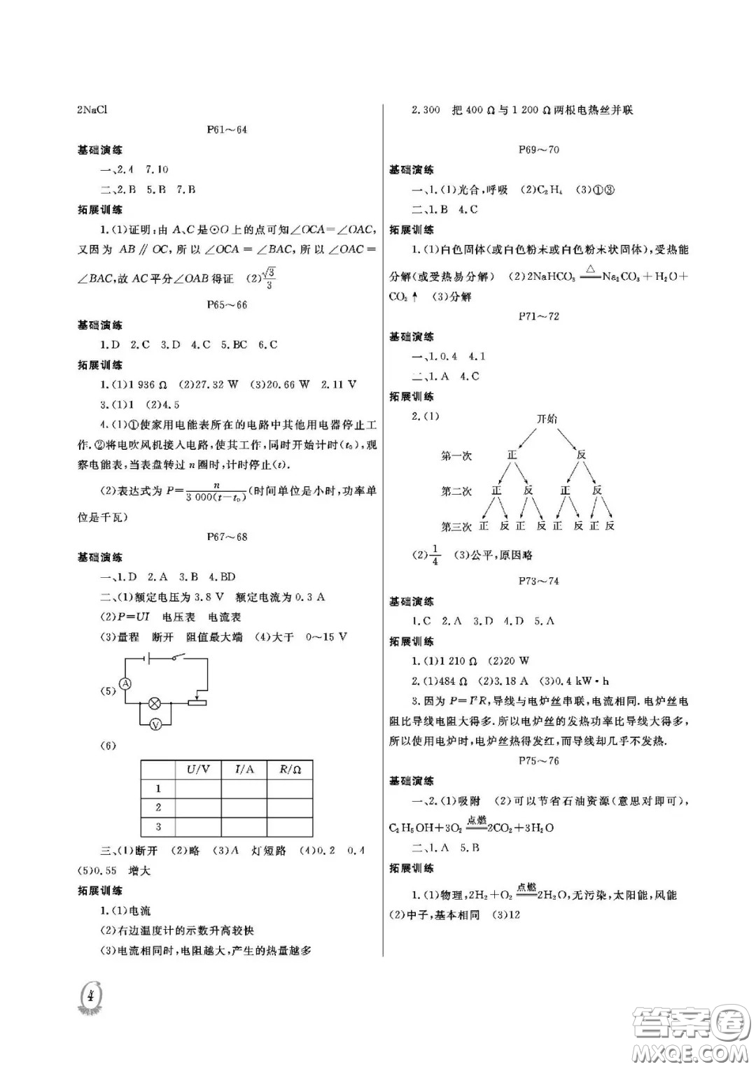 大連理工大學(xué)出版社2021假期伙伴寒假作業(yè)九年級(jí)理科綜合北師大版答案