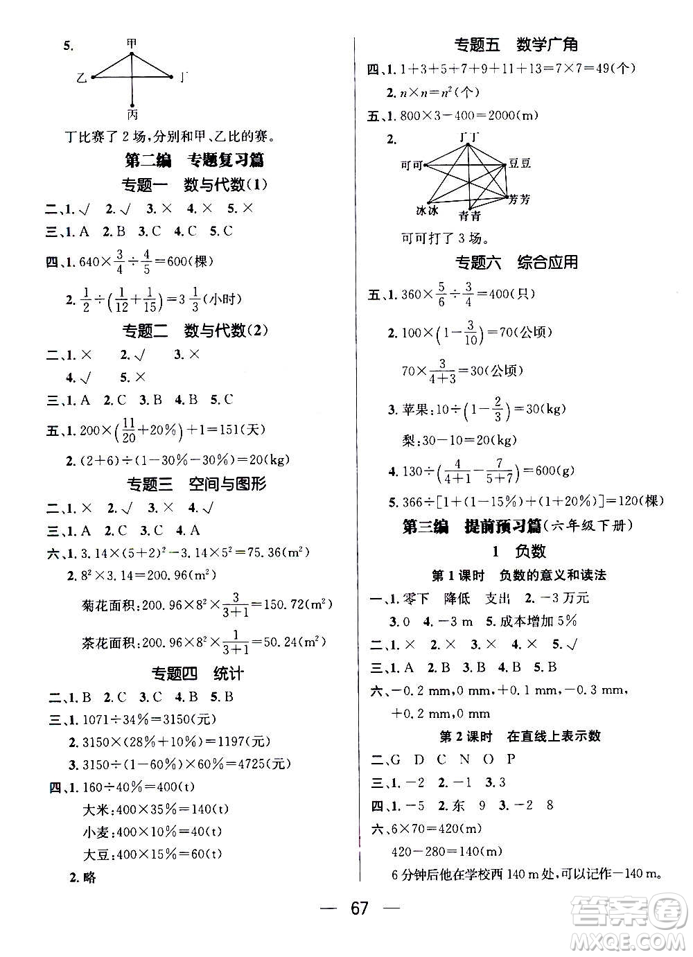 廣東經(jīng)濟(jì)出版社2021期末沖刺王寒假作業(yè)數(shù)學(xué)六年級RJ人教版答案