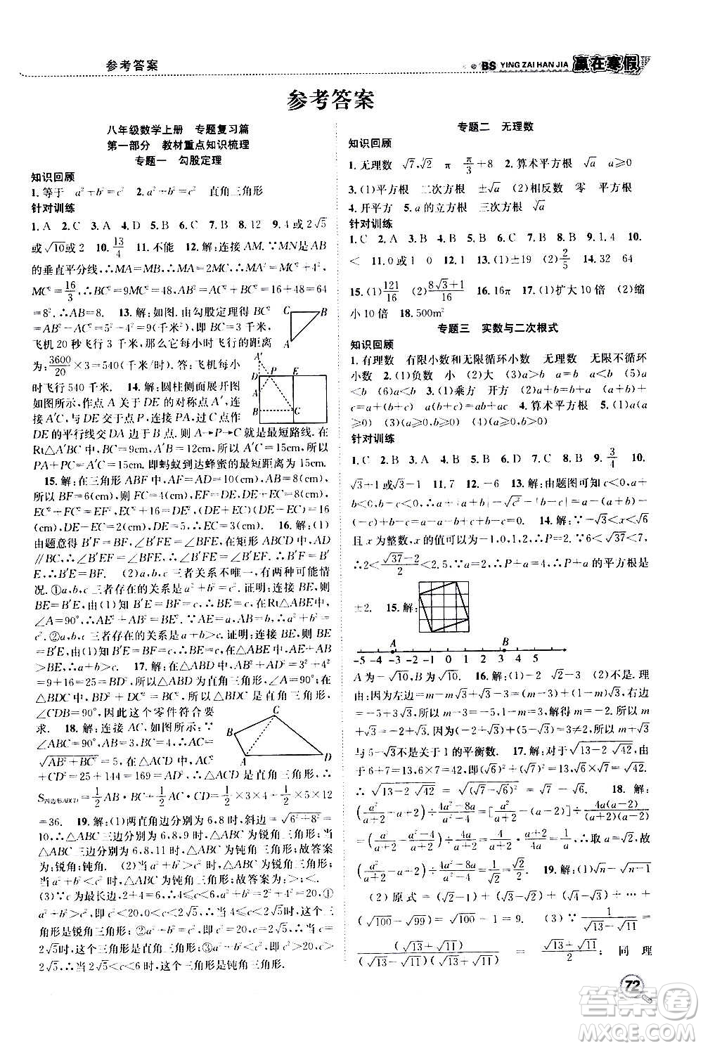 合肥工業(yè)大學(xué)出版社2021寒假學(xué)期總復(fù)習(xí)贏在寒假銜接教材八年級數(shù)學(xué)BS北師版答案