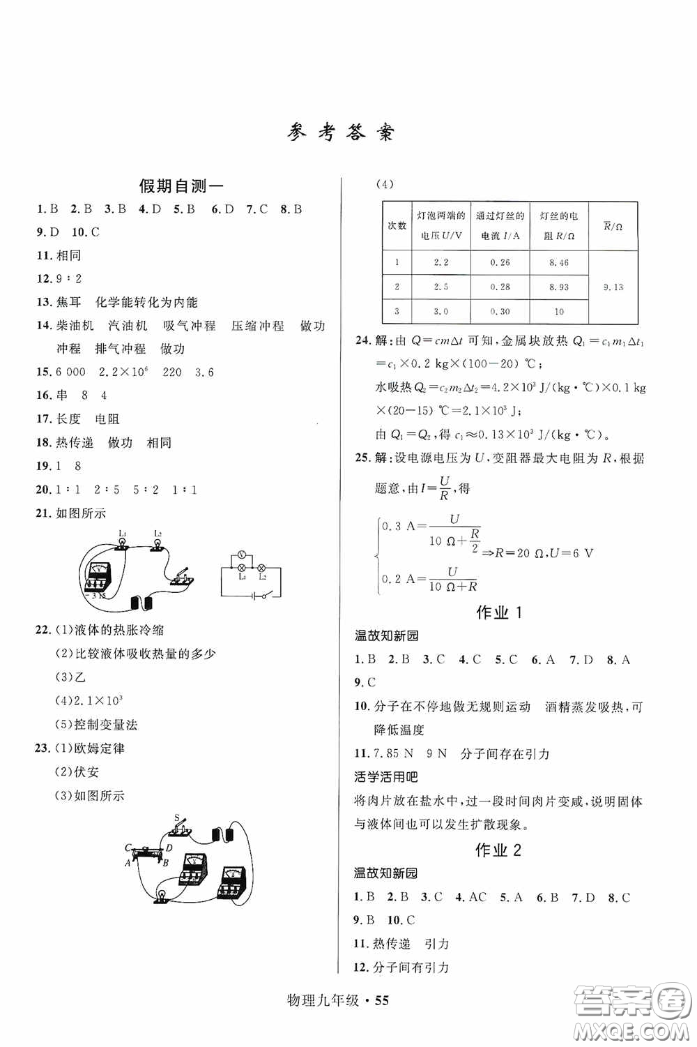 河北少年兒童出版社2021贏在起跑線上中學(xué)生快樂寒假九年級(jí)物理人教版答案