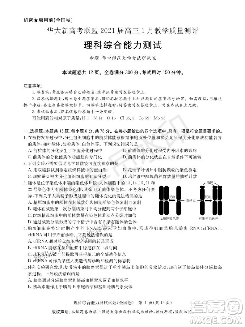 華大新高考聯(lián)盟2021屆高三1月教學質(zhì)量測評理科綜合試題及答案