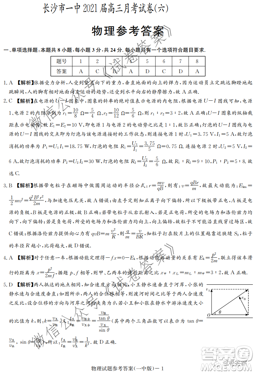 炎德英才大聯(lián)考長沙市一中2021屆高三月考試卷六物理試題及答案