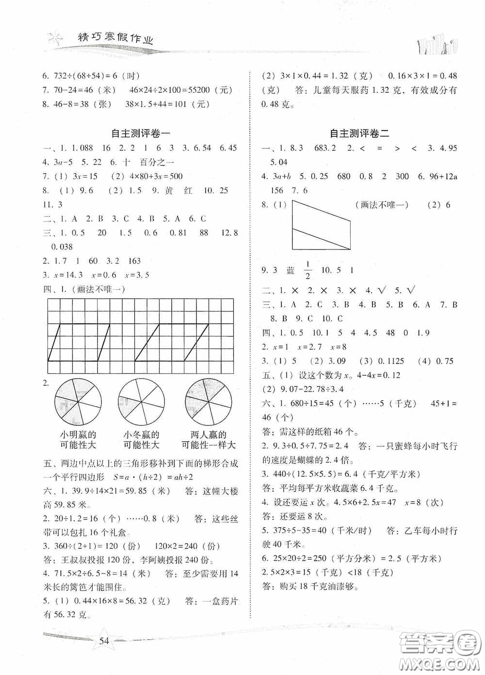 云南美術(shù)出版社2021精巧寒假作業(yè)專題訓(xùn)練與期末總復(fù)習(xí)五年級數(shù)學(xué)人教版答案