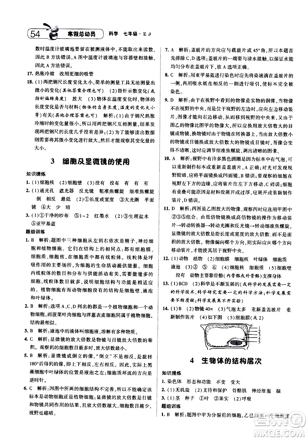 2021年經(jīng)綸學(xué)典寒假總動員七年級科學(xué)ZJ浙教版答案