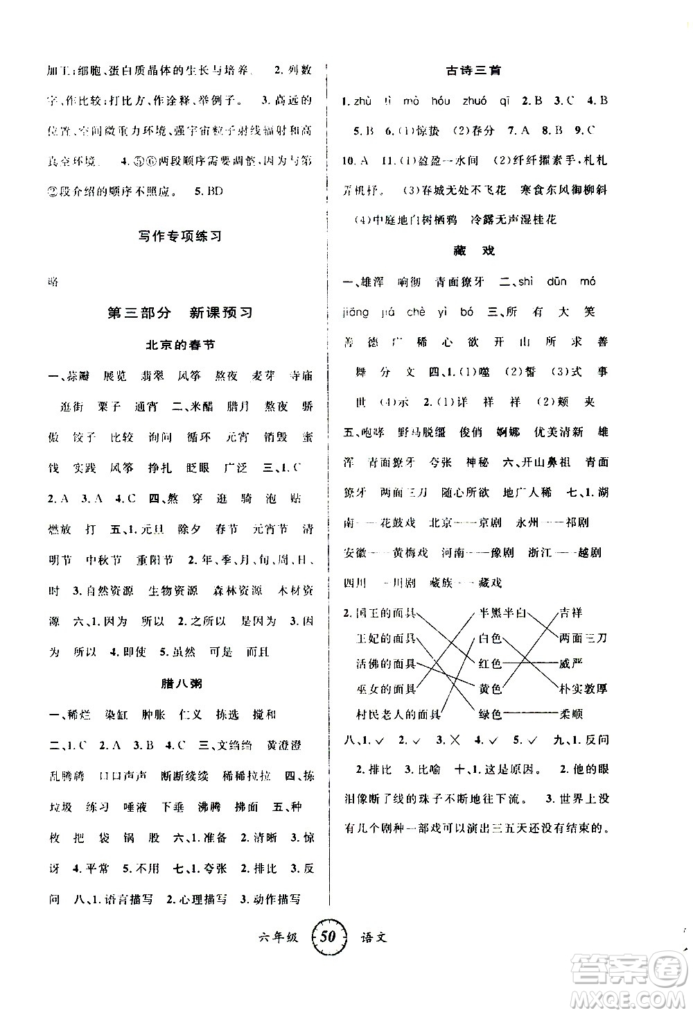 安徽人民出版社2021年第三學(xué)期寒假銜接六年級(jí)語(yǔ)文R人教版答案