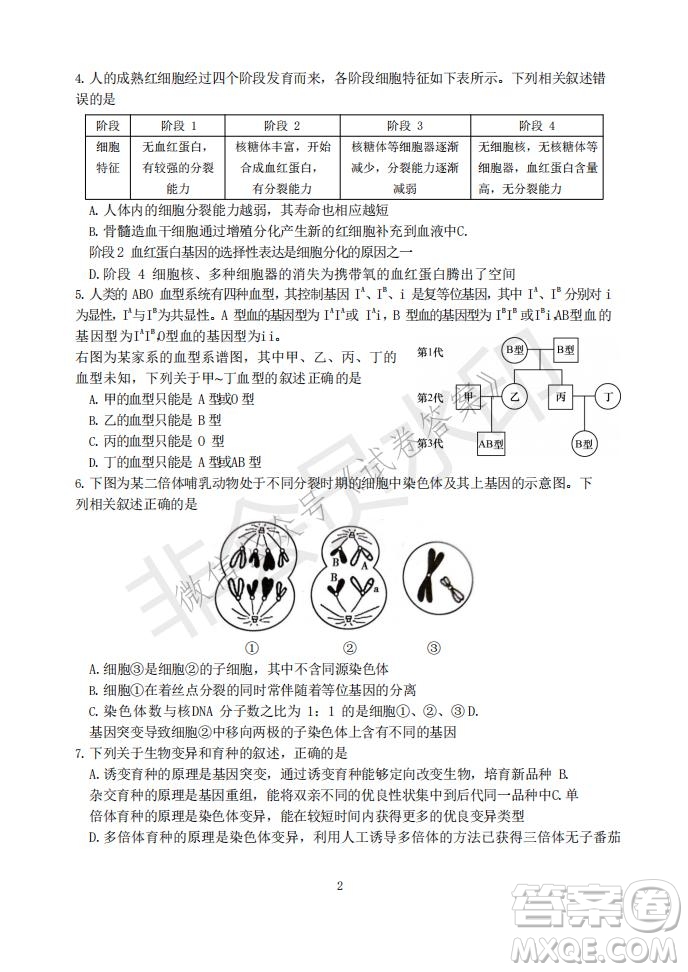 2021年大連市高三雙基測試卷生物試題及答案