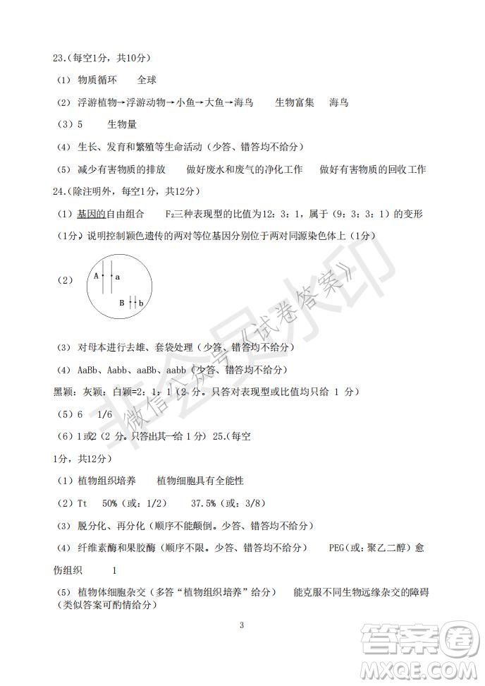 2021年大連市高三雙基測試卷生物試題及答案