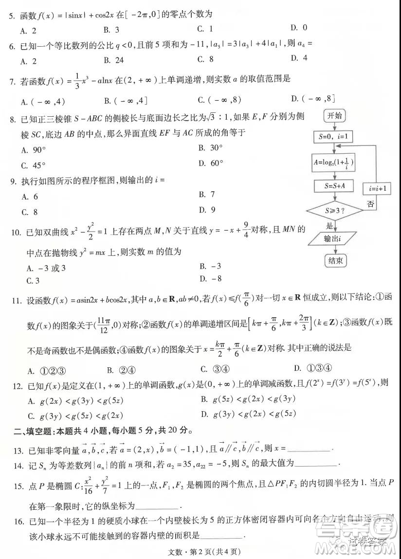 昆明市第一中學(xué)2021屆高中新課標(biāo)高三第五次二輪復(fù)習(xí)檢測(cè)文科數(shù)學(xué)試題及答案