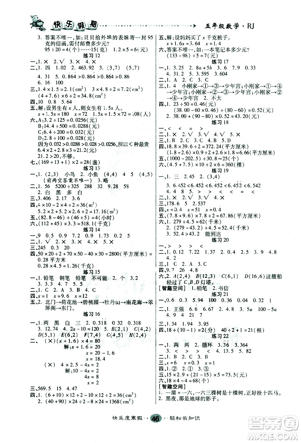 太白文藝出版社2021寒假作業(yè)快樂假期五年級數(shù)學人教版答案