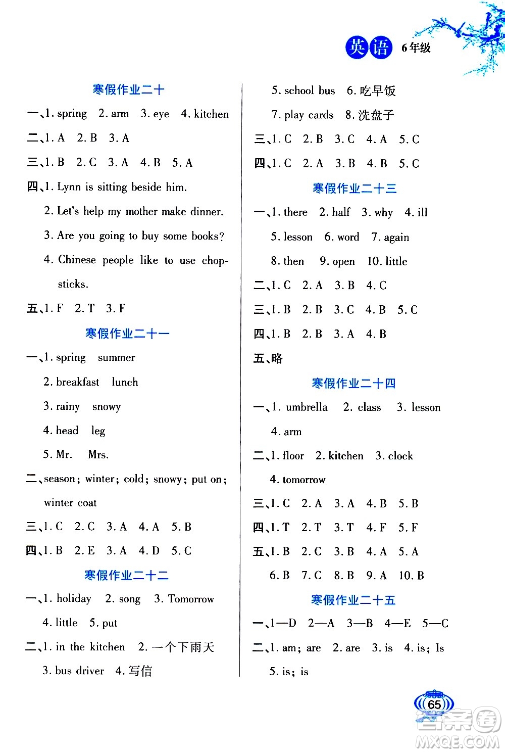 河北美術(shù)出版社2021寒假生活英語六年級(jí)冀教版答案