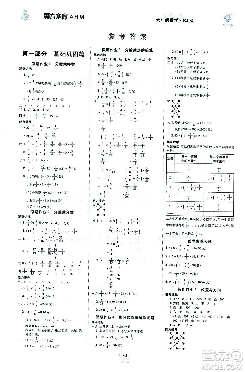 北方婦女兒童出版社2021魔力寒假A計(jì)劃六年級(jí)上冊(cè)數(shù)學(xué)RJ人教版答案