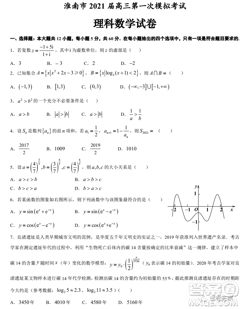 淮南市2021屆高三第一次模擬考試?yán)砜茢?shù)學(xué)試題及答案