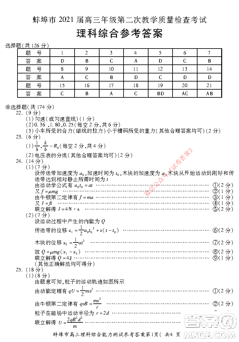 蚌埠市2021屆高三年級第二次教學(xué)質(zhì)量檢查考試?yán)砜凭C合試題及答案