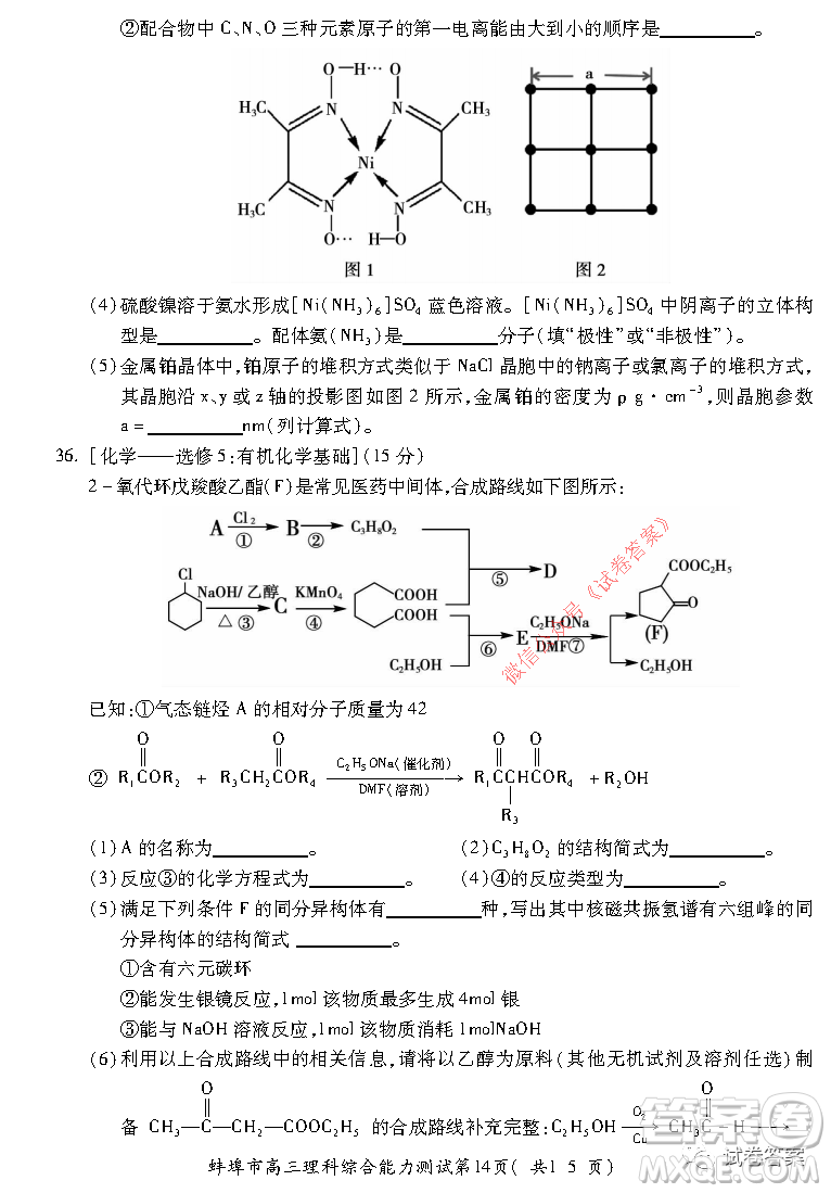 蚌埠市2021屆高三年級第二次教學(xué)質(zhì)量檢查考試?yán)砜凭C合試題及答案