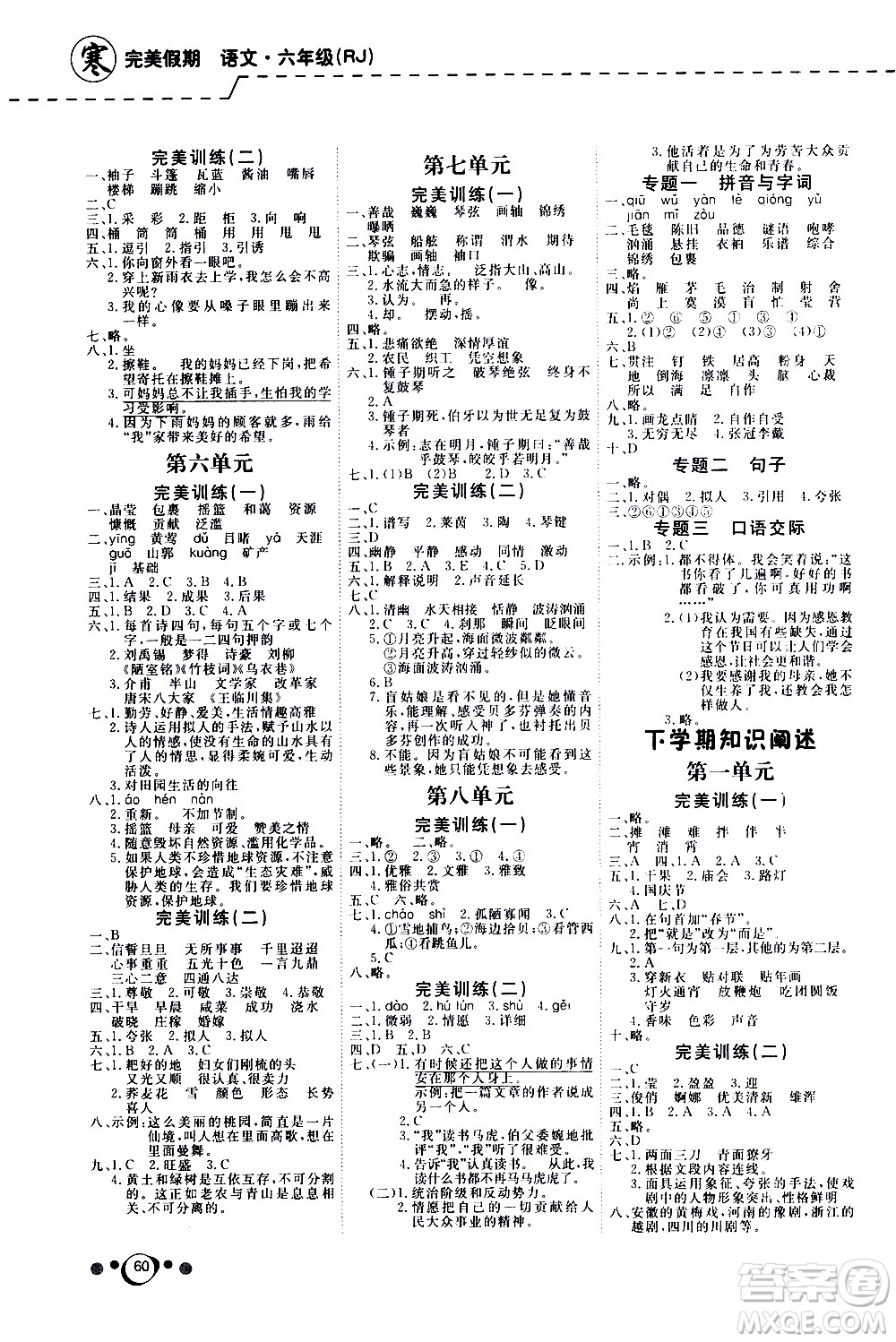 延邊教育出版社2021快樂假期寒假作業(yè)語文學(xué)期銜接六年級(jí)RJ人教版答案