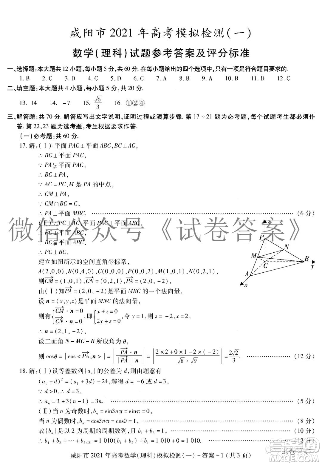 咸陽(yáng)市2021年高考模擬檢測(cè)一理科數(shù)學(xué)試題及答案