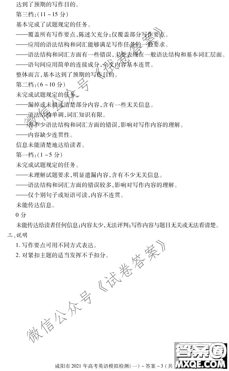 咸陽市2021年高考模擬檢測(cè)一英語試題及答案