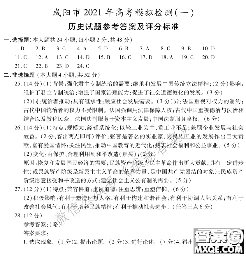 咸陽市2021年高考模擬檢測一政治歷史地理答案