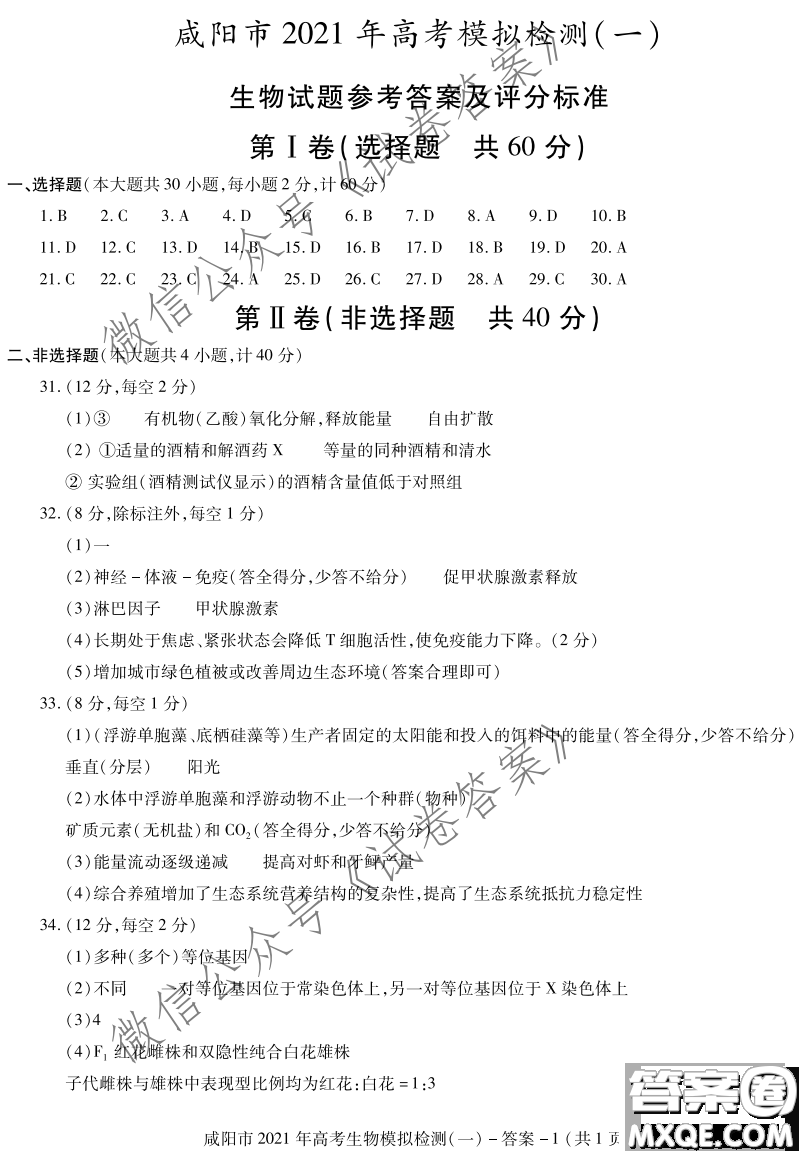 咸陽市2021年高考模擬檢測一物理化學生物答案